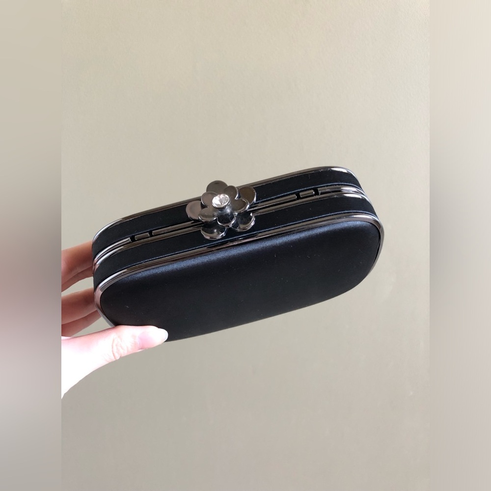 New Kate Landry Black Satin Floral Clasp Evening Box Clutch Bag Rhinestone Clasp